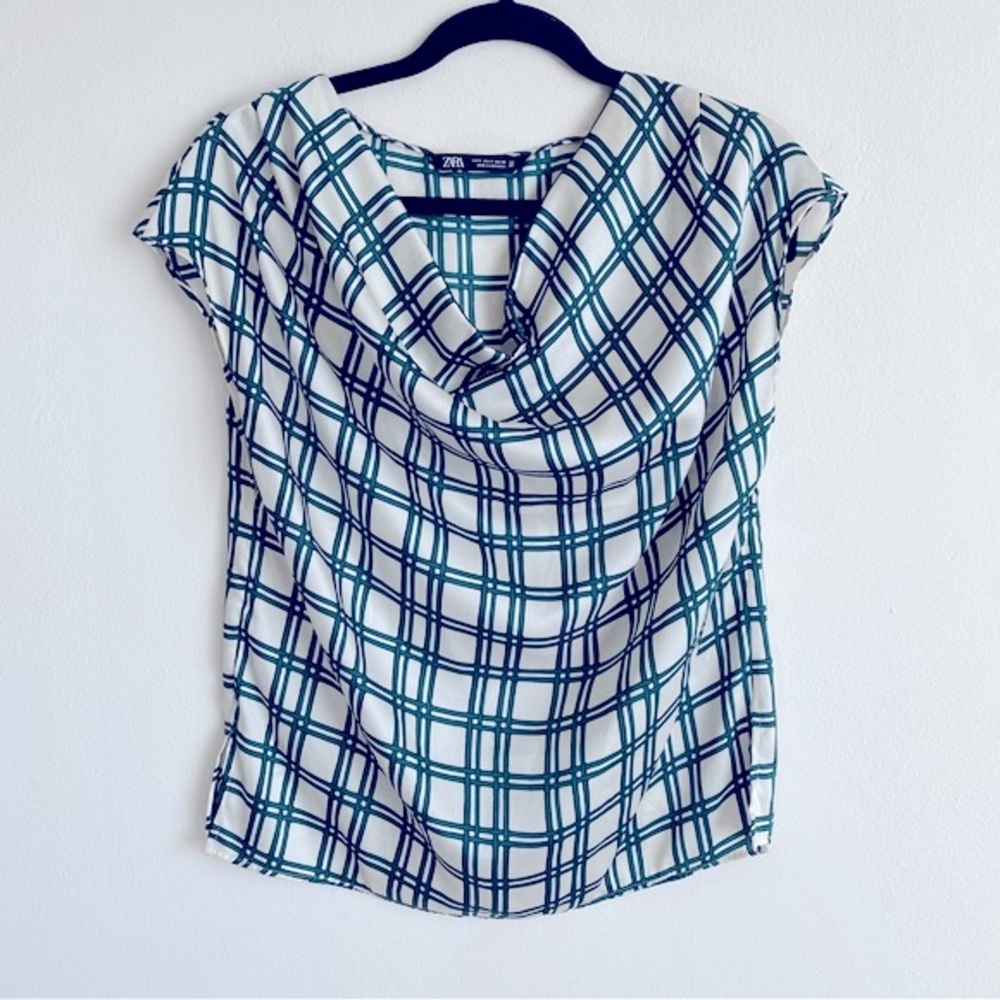 ZARA WINDOWPANE PLAID COWL NECK SLEEVELESS TOP MODERN ELEGANT White Green S